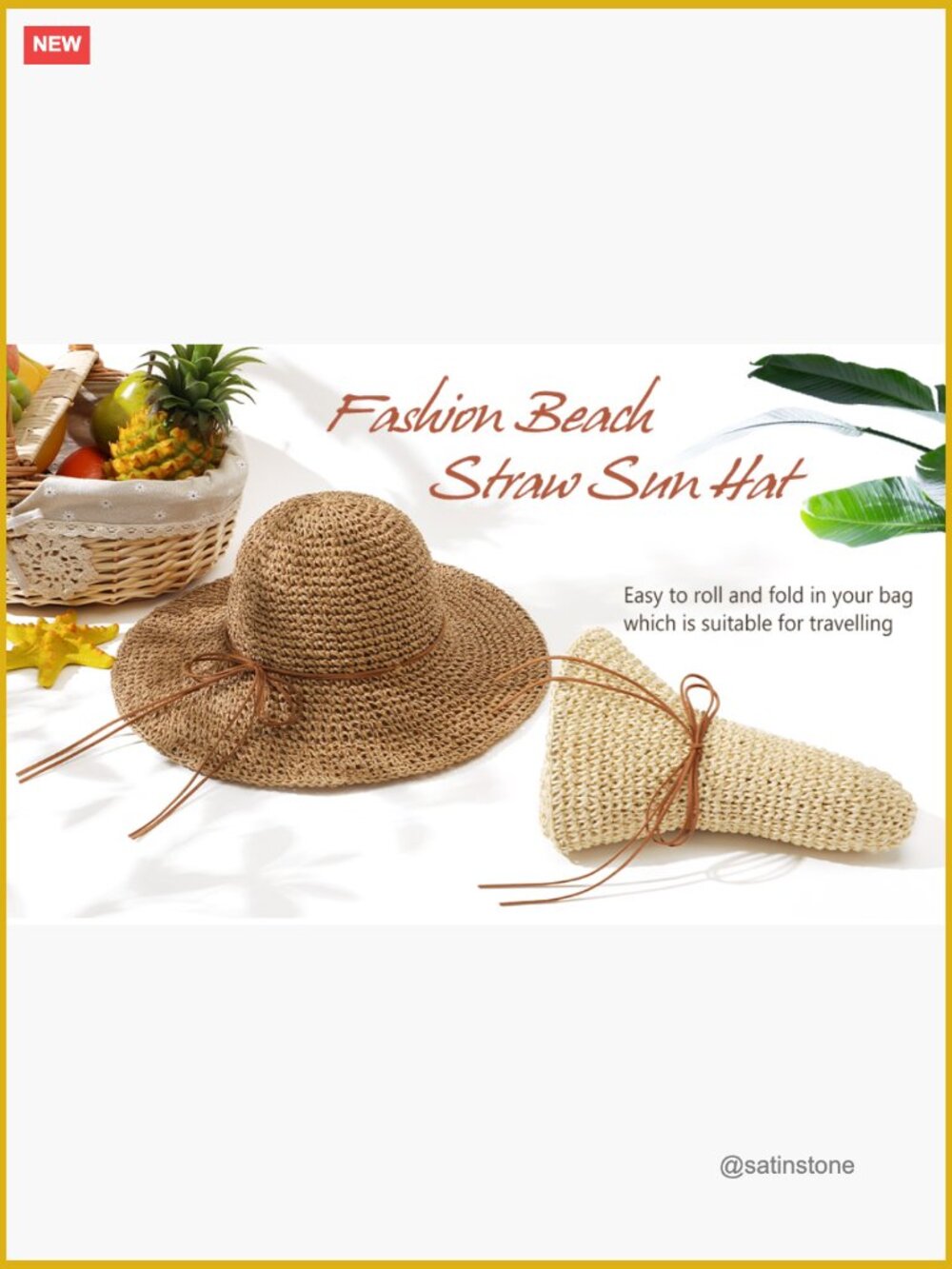 Floppy Wide Brim Paper Straw Sun Hat, Foldable Packable Roll Up Beach Hat - Picture 7 of 7